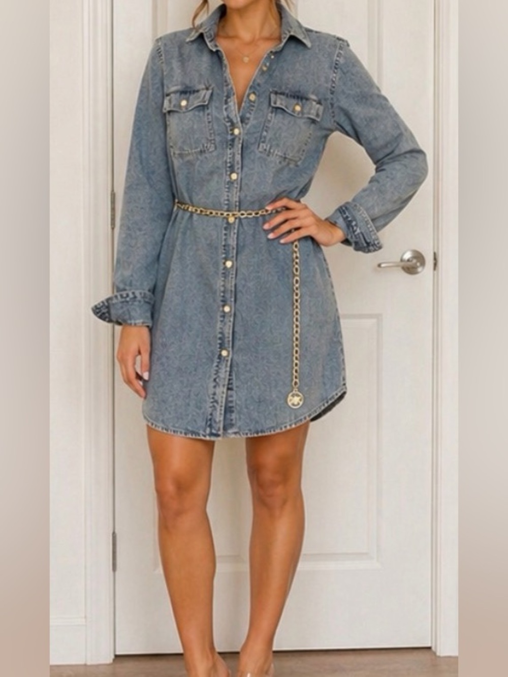 Michael Kors Denim Shirt Dress – Gold Chain Belt – Button Down – Size S